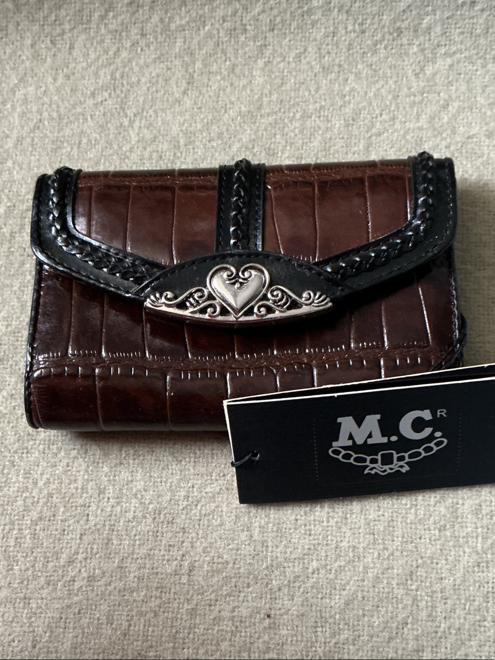 Brown Croc-Embossed Trifold Wallet with Heart Medallion